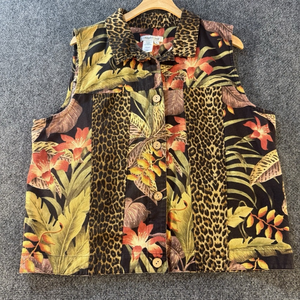 Leopard Floral Button Front Coldwater Creek Safari Tropical Vest Womens Large
